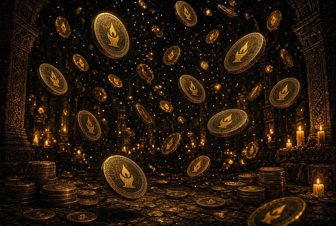 Wick coins floating in ancient chamber